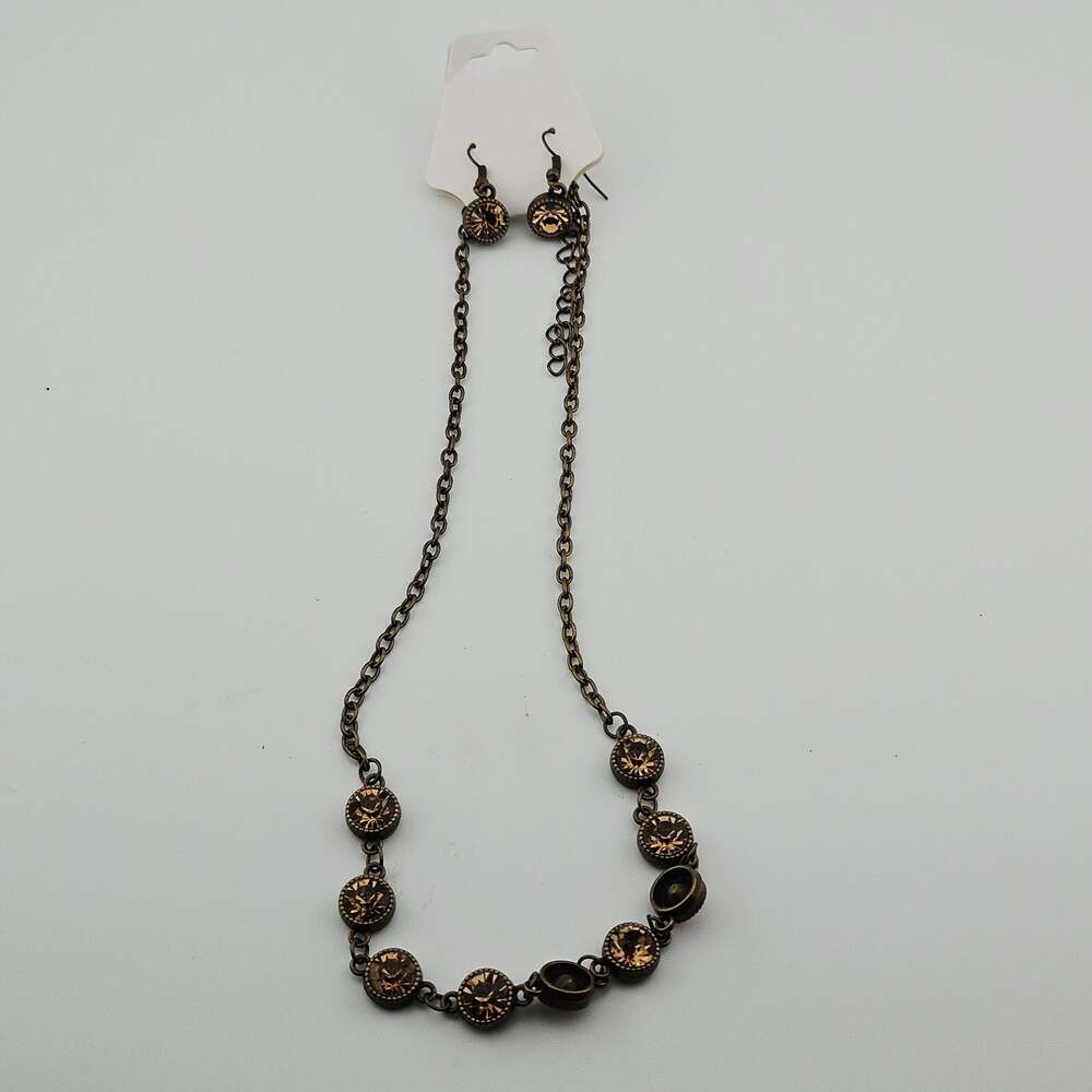 Copper Tone Crystal Stone & Chain Necklace & Earring Set Glam Evening Cocktail